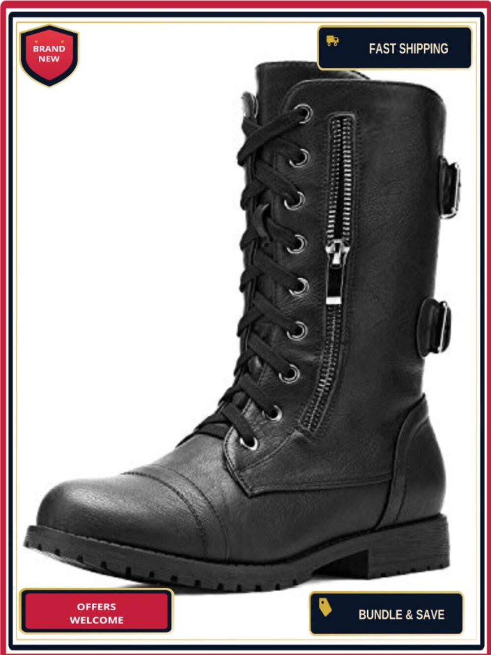 Women's Mid-Calf Lace-Up Military Combat Boots with Inner Pocket